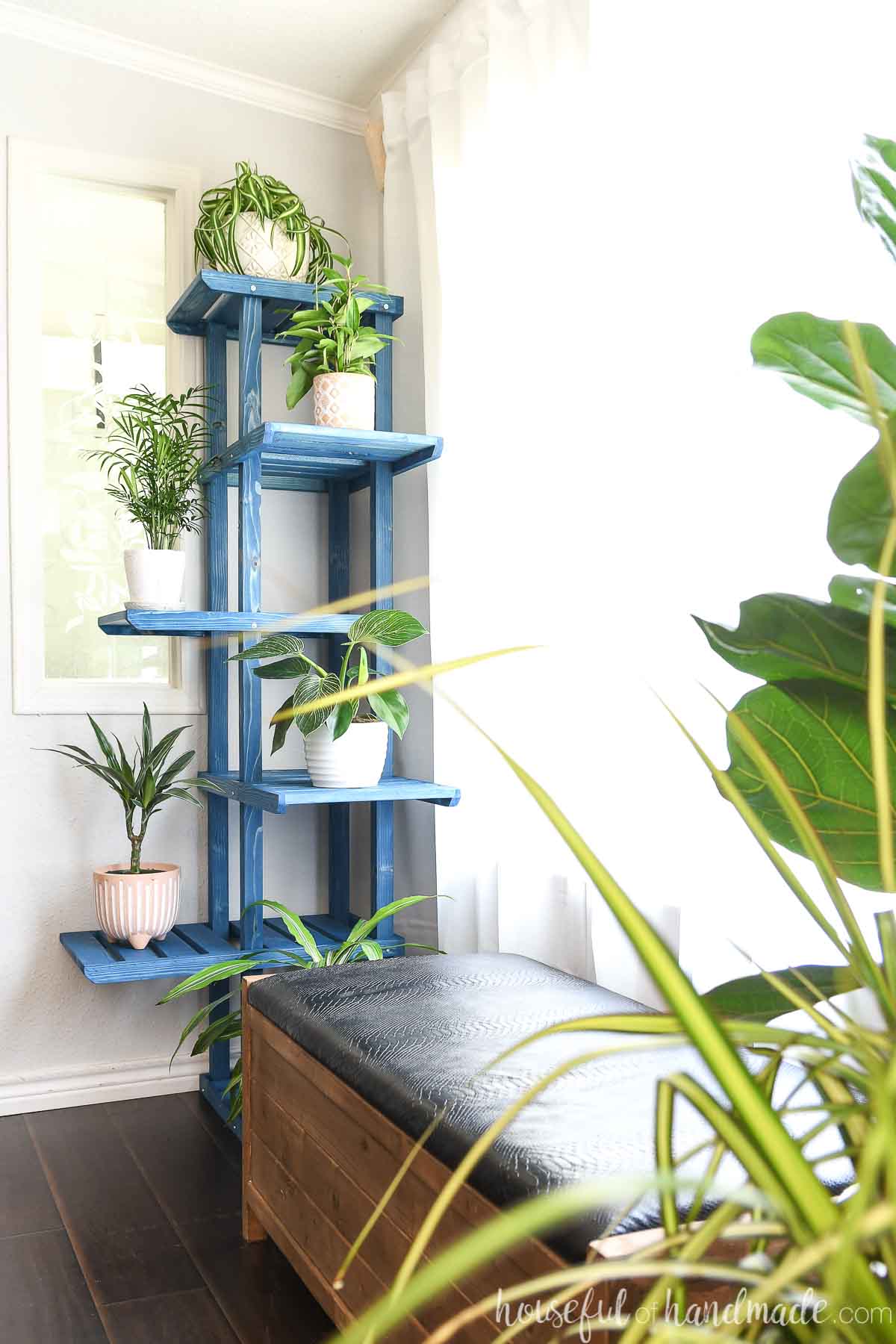 Six-tier plant stand, stained blue in the corner