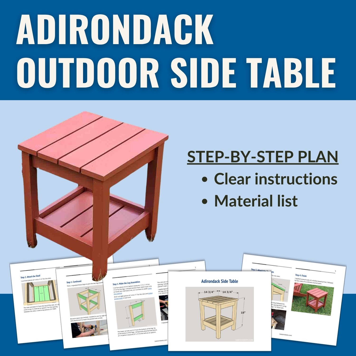 Graphic for an Adirondack outdoor side table woodworking plan featuring a red-painted side table with a lower storage shelf.