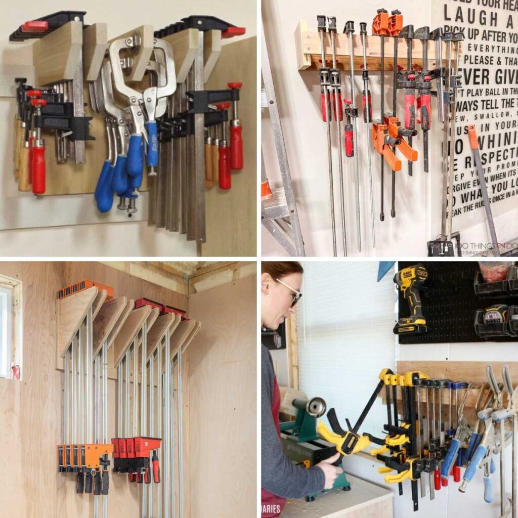 Collage of DIY clamp storage ideas featuring wall-mounted racks for bar clamps, parallel clamps, hand screw clamps, and spring clamps in compact woodworking shops.