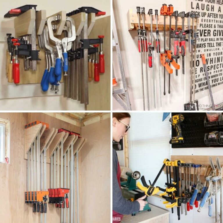 Collage of DIY clamp storage ideas featuring wall-mounted racks for bar clamps, parallel clamps, hand screw clamps, and spring clamps in compact woodworking shops.