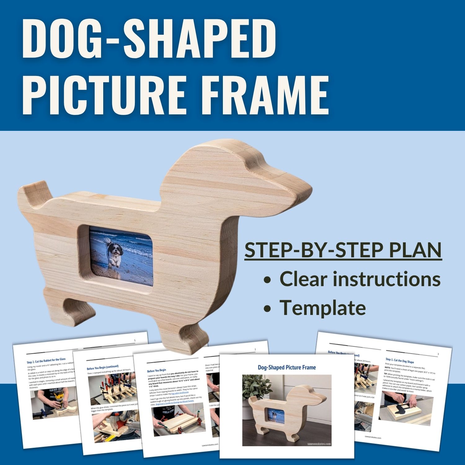 Graphic for a dog-shaped picture frame woodworking plan.