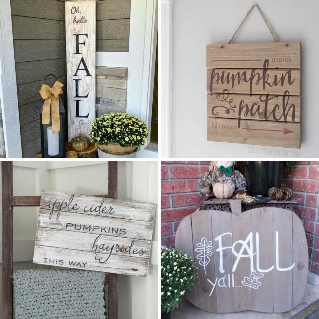 Four image collage of fall signs made with scrap wood