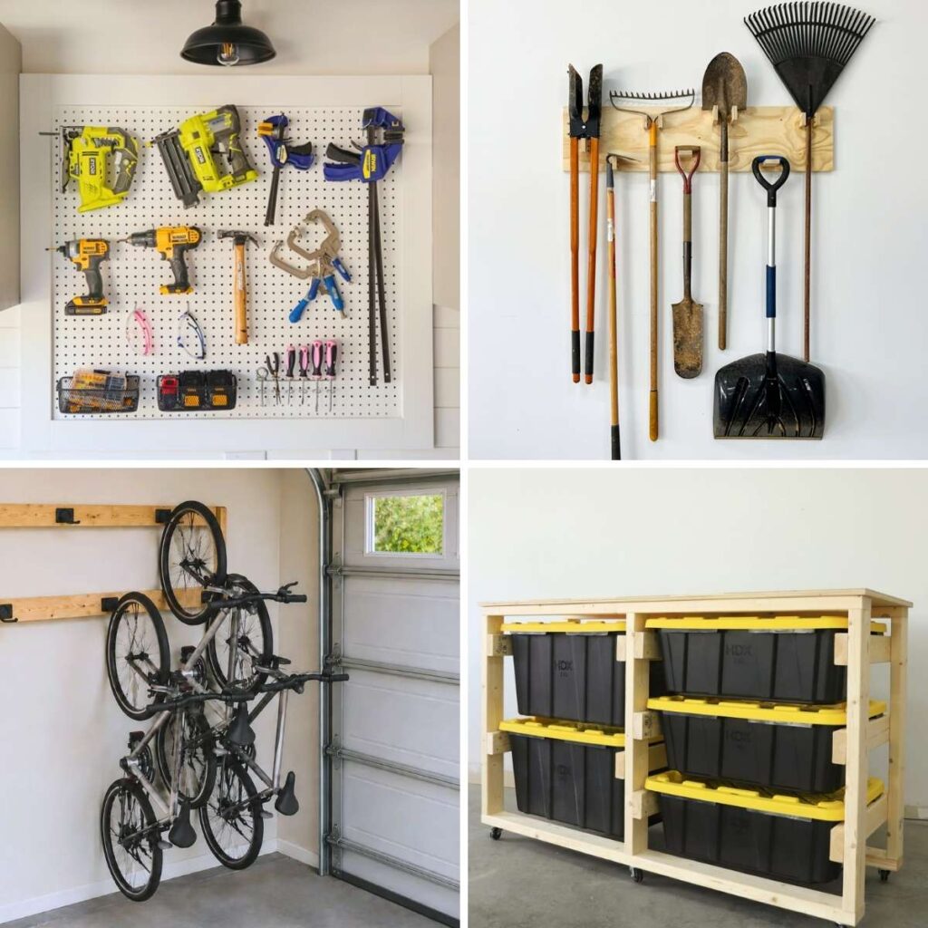 Four image collage of tool storage, yard tool storage, bike storage and tote storage in a garage
