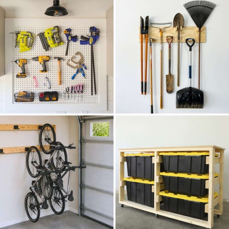 Four image collage of tool storage, yard tool storage, bike storage and tote storage in a garage