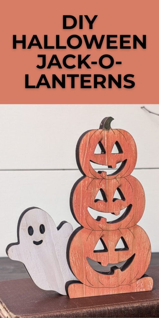Wooden stacked jack-o-lanterns with a ghost sitting on books with a text overlay that says: "DIY Halloween Jack-O-Lanterns"