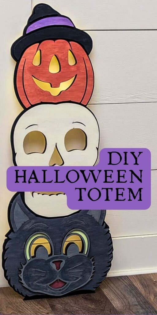 Halloween totem including a cat, skull, and jack-o-lantern with a text overlay that says: DIY Halloween Totem