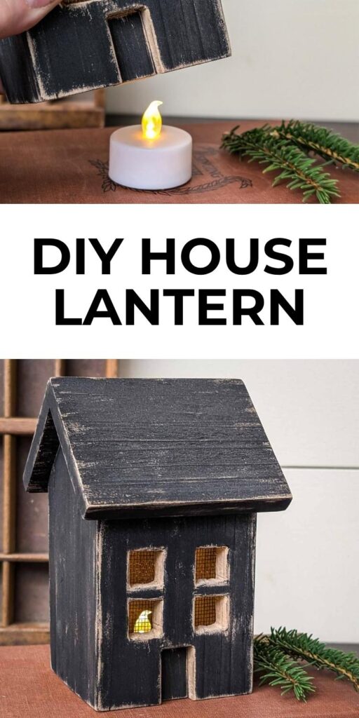 Two image collage. Top: Hand holding a house lantern over an LED candle. Bottom: House lantern sitting on a book with a text overlay that says, "DIY House Lantern"