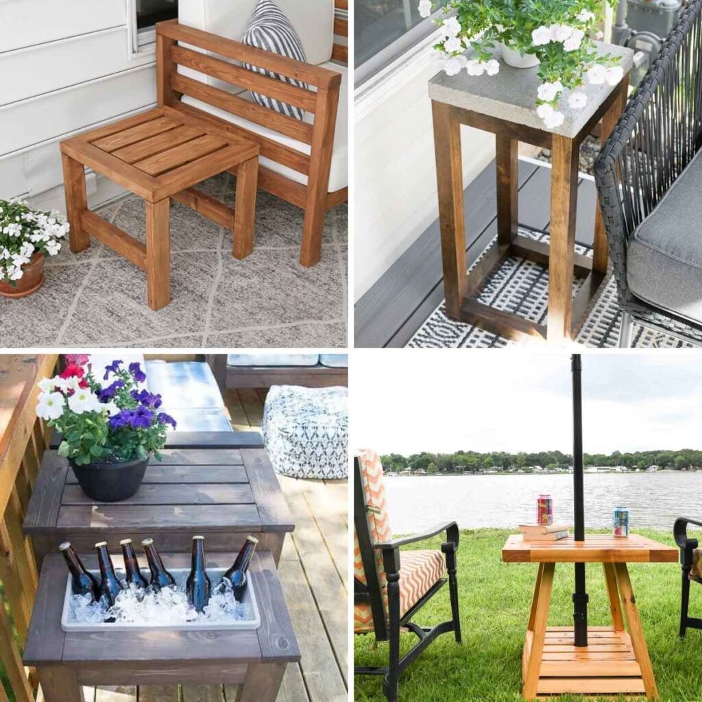 Collage of four outdoor side tables, including a square wooden patio side table beside a chair, a tall stand table with a concrete top, a side table with a built-in beverage cooler, and an outdoor table with a patio umbrella stand.