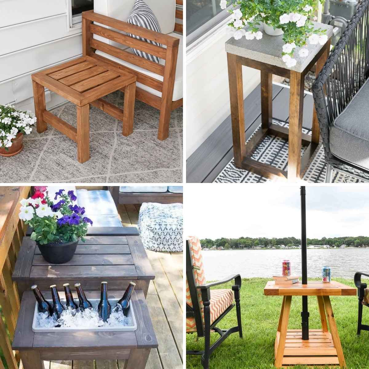 Collage of four outdoor side tables, including a square wooden patio side table beside a chair, a tall stand table with a concrete top, a side table with a built-in beverage cooler, and an outdoor table with a patio umbrella stand.