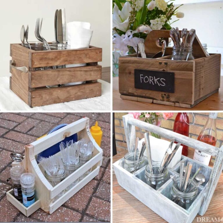Four image collage of wood utensil caddies