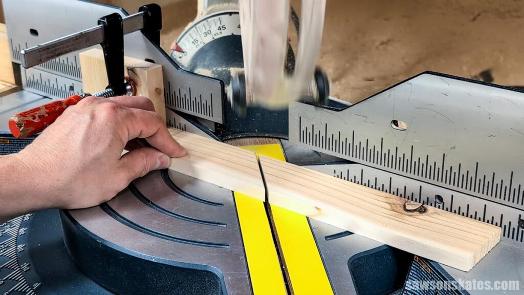 Cutting a 45 degree angle on one edge of a board with a miter saw