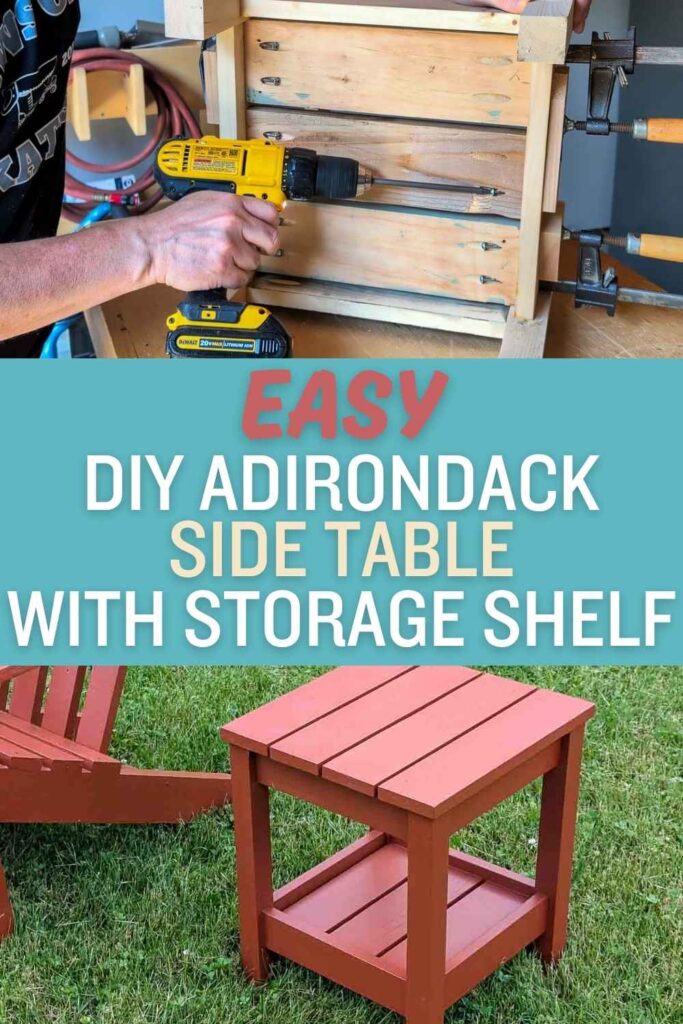 Close-up of a person assembling a wooden table frame with pocket-hole joinery and a drill, alongside a finished red Adirondack side table with a lower storage shelf. Text reads: “Easy DIY Adirondack Side Table with Storage Shelf.”