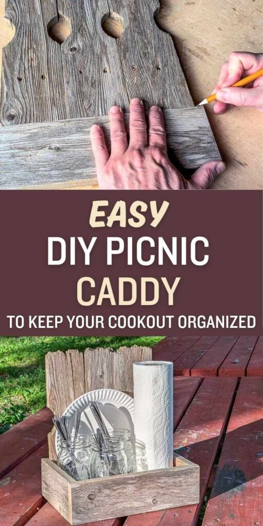 Person marking a weathered wood board above a finished DIY picnic caddy holding plates, utensils, mason jars, and paper towels.