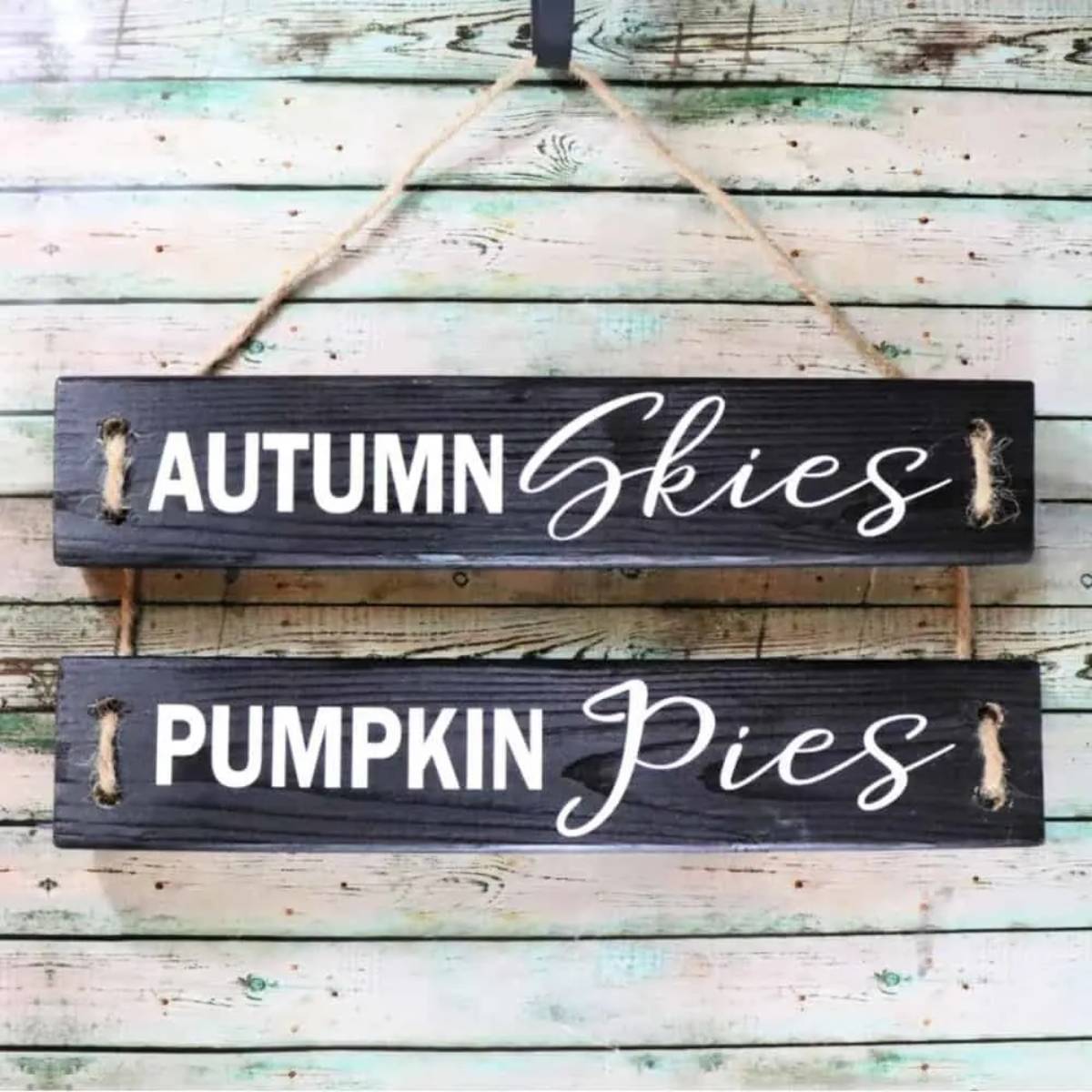 Two pieces of wood hanging from a rope, one says, autumn skies and the other says pumpkin pies