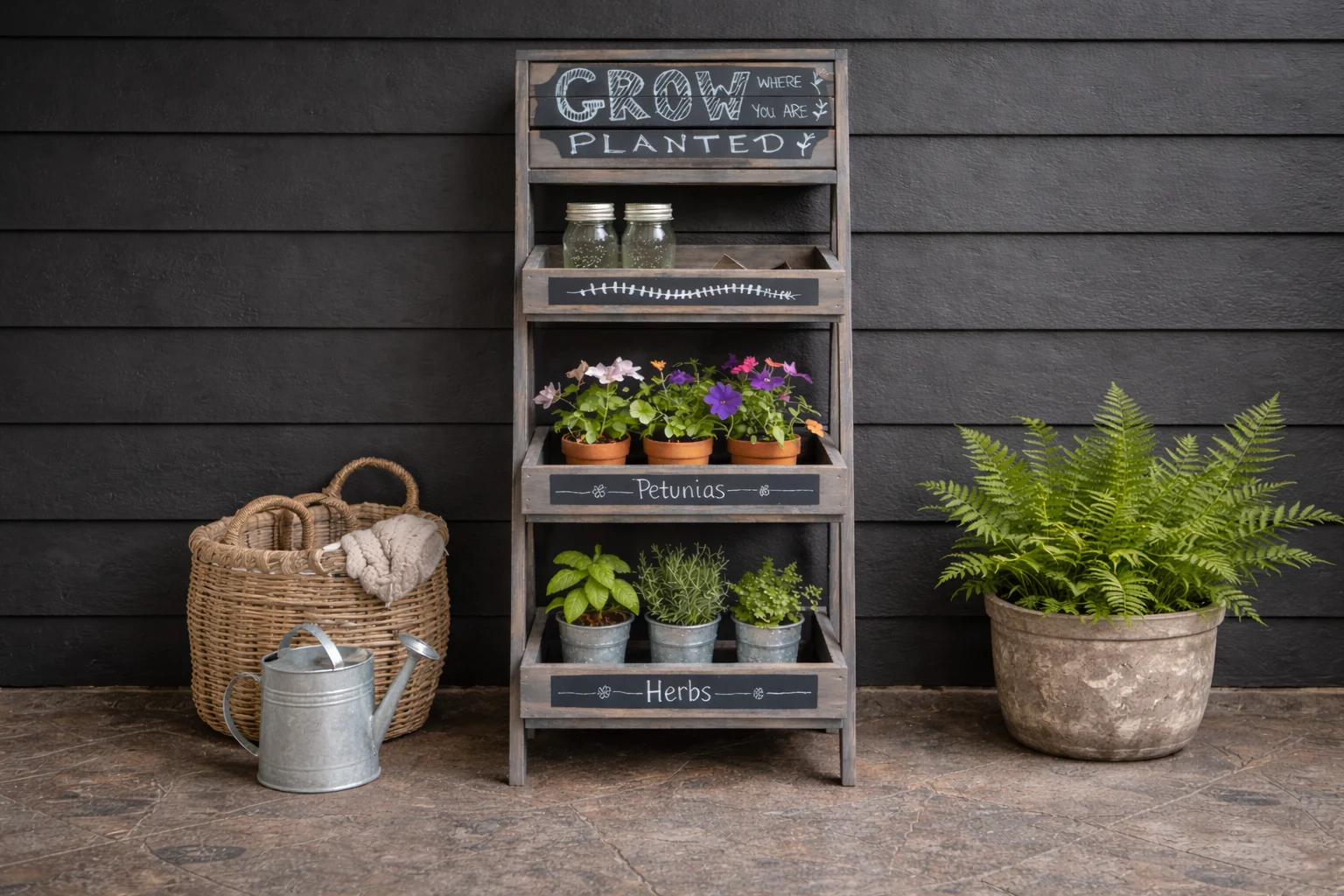 Three-tier plant stand that looks like a farmers' market display