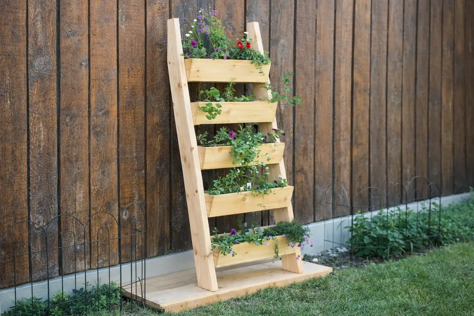 Ladder-style wooden planter leaning against a fence