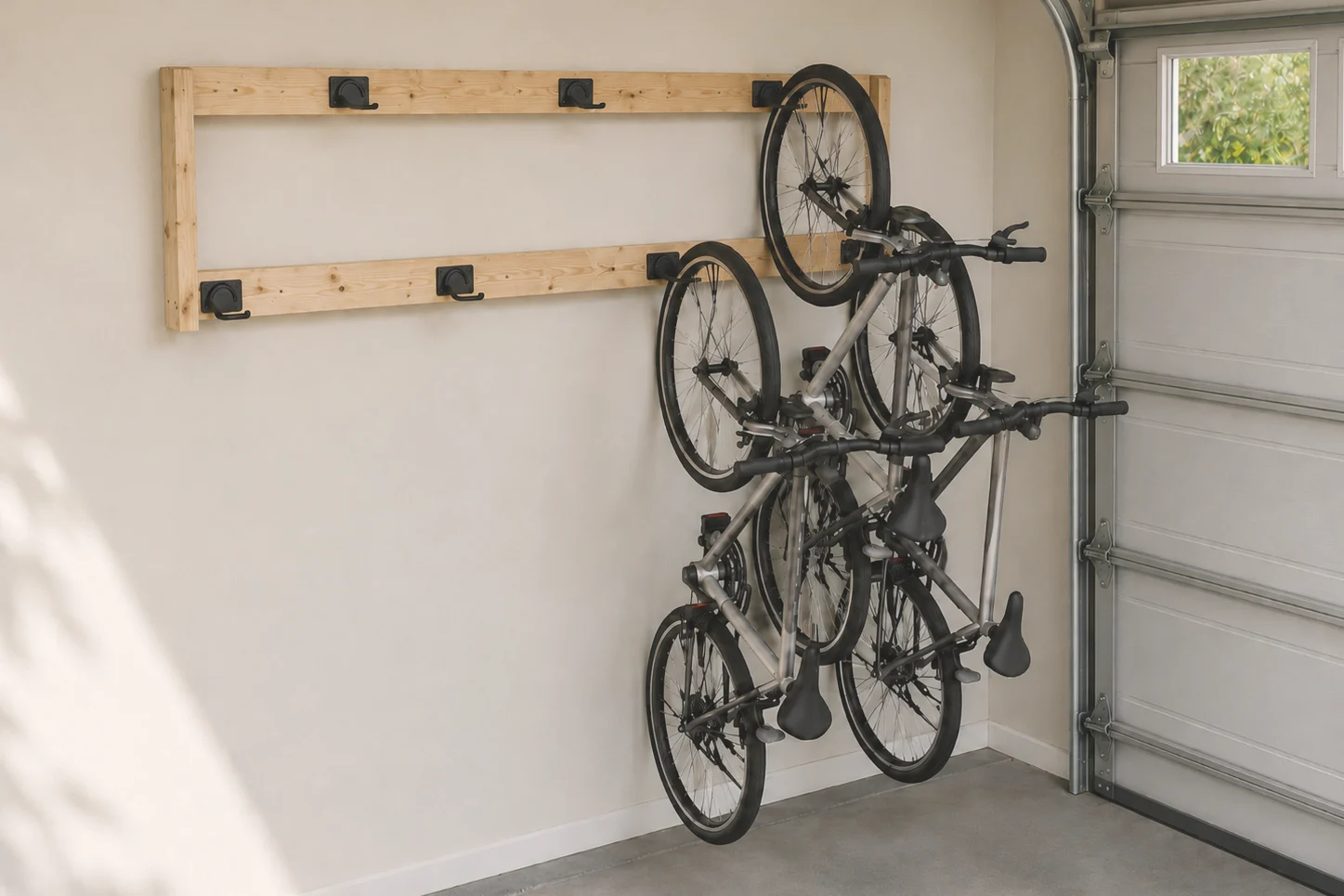 Wall-mounted wooden bike rack with hooks holding two bicycles vertically in a garage.
