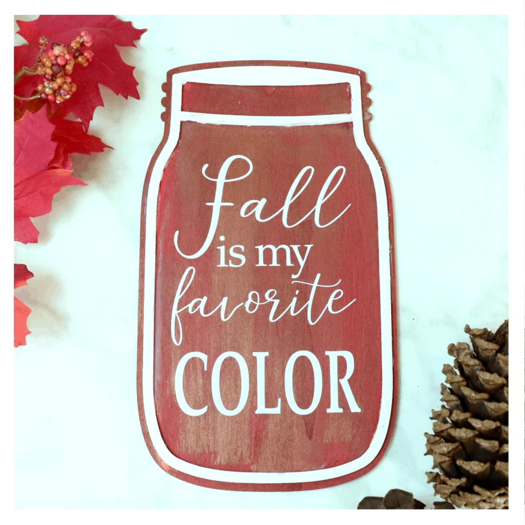 Mason jar-shaped wood sign that says fall is my favorite color