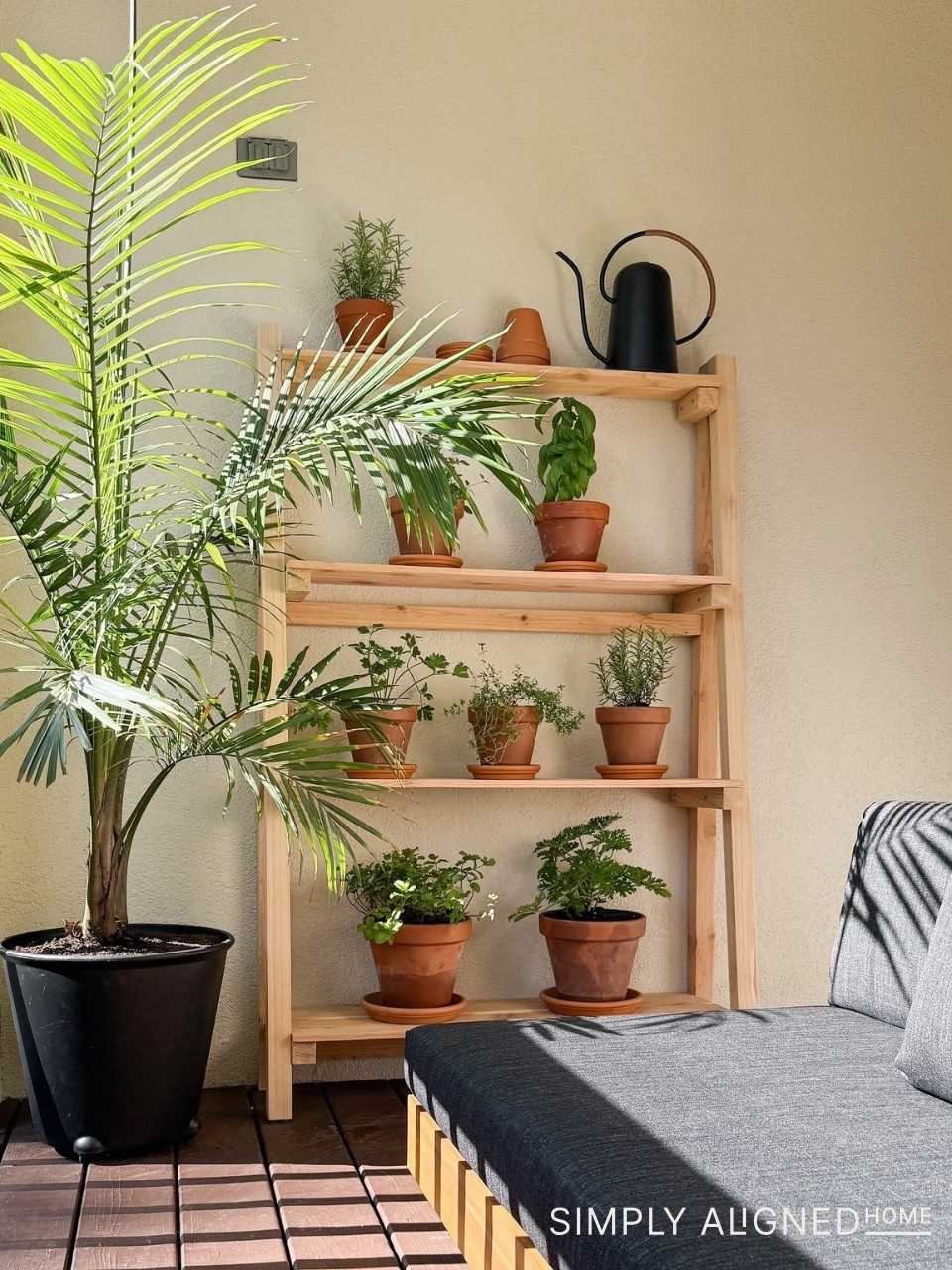 Three-level plant shelf on a patio