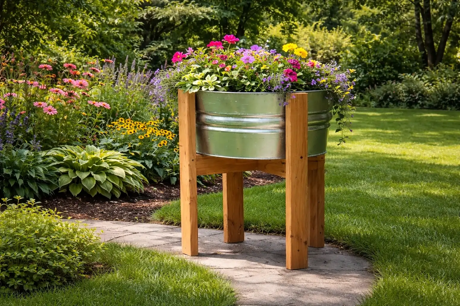 Wood plant stand topped with a metal bucket filled with flowers in a yard