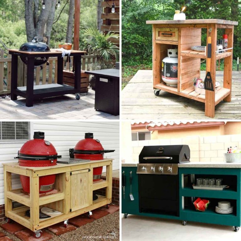 Collage of four DIY outdoor grilling stations and grill carts featuring rolling storage cabinets, open shelves, built-in grills, and wood countertops.