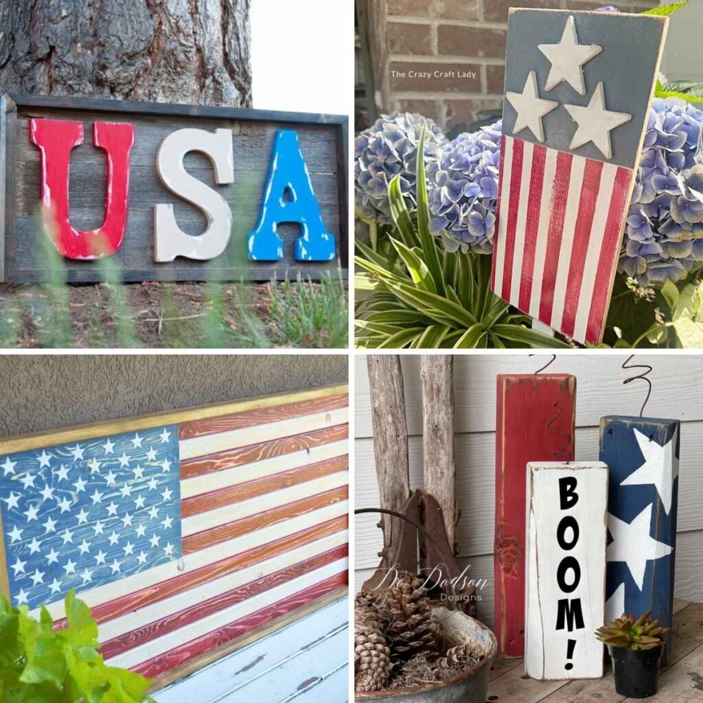 Four patriotic wood decor projects arranged in a collage. The projects include a framed “USA” sign with red, white, and blue letters, a red, white, and blue garden stake decorated with three stars, a rustic American flag wall sign made from painted wood boards, and a set of painted wooden block fireworks displayed beside pinecones and a small potted succulent.
