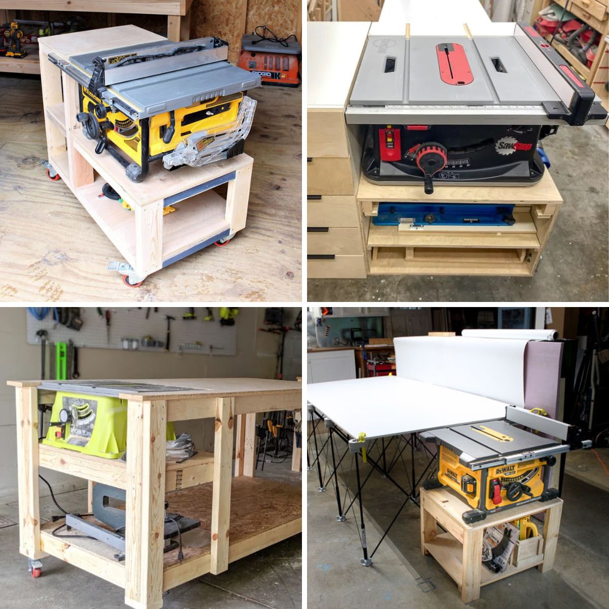Collage of four DIY table saw workbench ideas featuring portable table saws with built-in storage, outfeed support, and mobile workstations on caster wheels.