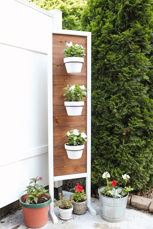 Wooden vertical plant stand with three pots