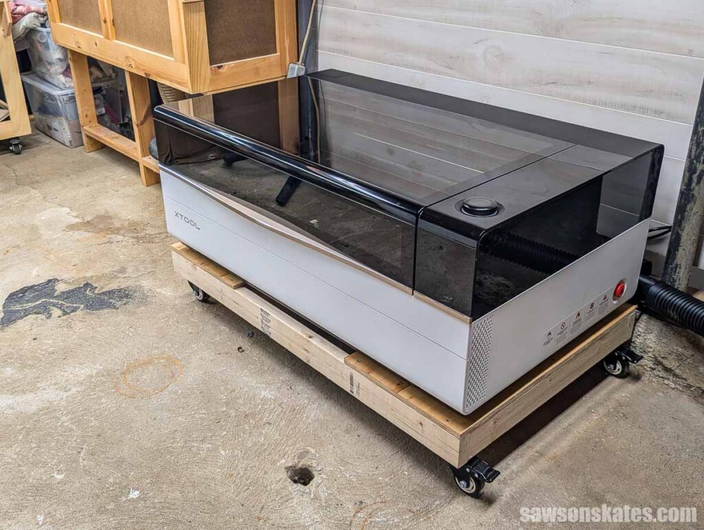 Looking at the right side of an xTool P3 on a low rolling platform