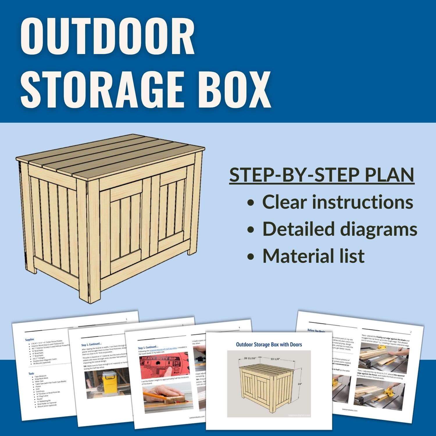 Outdoor storage box plan graphic with project sketch and text: step-by-step plan